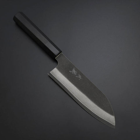 Santoku Cobalt Stainless HRC62 Kurouchi Damascus Buffalo Ebony Handle 165mm-[Musashi]-[Japanese-Kitchen-Knives]