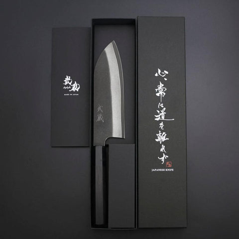 Santoku Cobalt Stainless Kurouchi Damas Manche en Buffle et Ébène 165mm-[Musashi]-[Couteaux de cuisine japonais]
