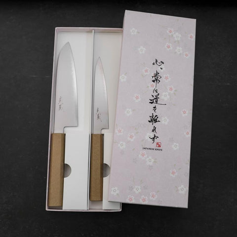 Santoku & Petty Chromax Polished White Urushi Handle Sakura set-[Musashi]-[Couteaux de cuisine japonais]