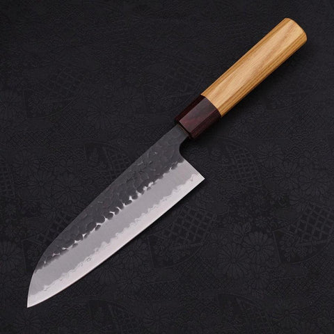 Santoku Revêtement Inox Blue Super Kurouchi Tsuchime Manche Zelkova 165mm-[Musashi]-[Couteaux de cuisine japonais]