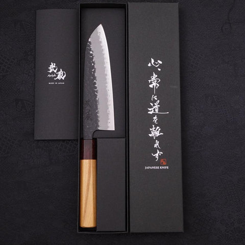 Santoku Revêtement Inox Blue Super Kurouchi Tsuchime Manche Zelkova 165mm-[Musashi]-[Couteaux de cuisine japonais]