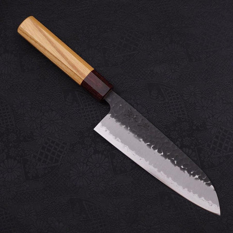 Santoku Revêtement Inox Blue Super Kurouchi Tsuchime Manche Zelkova 165mm-[Musashi]-[Couteaux de cuisine japonais]