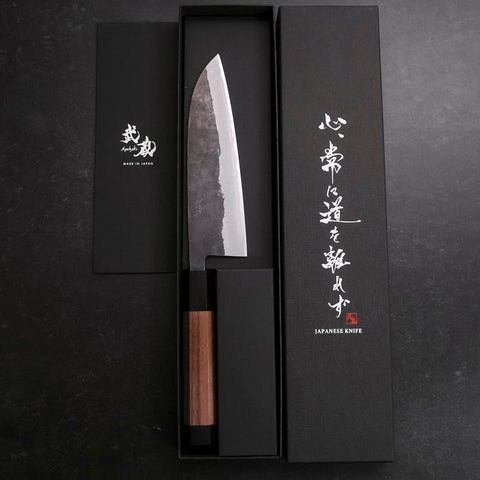 Santoku Revêtement Inox Blue Steel #2 Kurouchi Manche en Noyer 165mm-[Musashi]-[Couteaux de cuisine japonais]