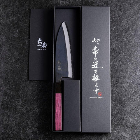 Santoku Revêtement inox Blue Steel #2 Kurouchi Manche Urushi Pourpre 165mm-[Musashi]-[Couteaux de cuisine japonais]