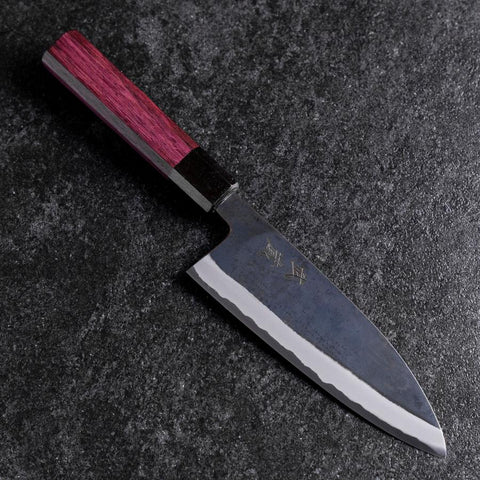 Santoku Revêtement inox Blue Steel #2 Kurouchi Manche Urushi Pourpre 165mm-[Musashi]-[Couteaux de cuisine japonais]