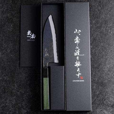 Santoku Revêtement inox Blue Steel #2 Kurouchi Manche Urushi Vert 165mm-[Musashi]-[Couteaux de cuisine japonais]