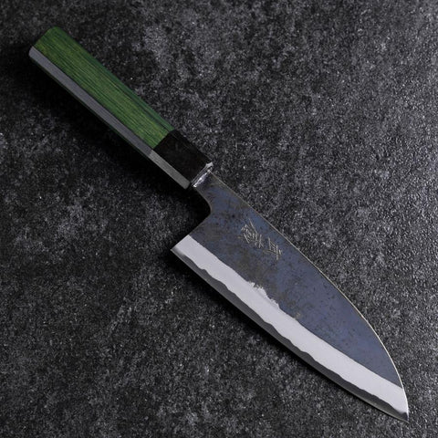 Santoku Revêtement inox Blue Steel #2 Kurouchi Manche Urushi Vert 165mm-[Musashi]-[Couteaux de cuisine japonais]
