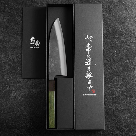 Santoku Revêtement inox Blue Super Kurouchi Manche Urushi Vert 165mm-[Musashi]-[Couteaux de cuisine japonais]