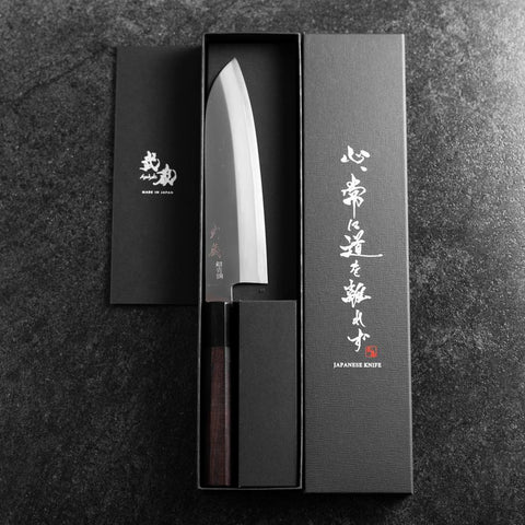 Santoku Revêtement inox Blue Super Poli Manche en Buffle et Ébène 180mm-[Musashi]-[Couteaux de cuisine japonais]