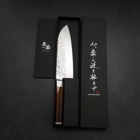 Santoku SG-2 Mirror Tsuchime Damascus Octagonal Mahogany Handle 180mm-[Musashi]-[Japanese-Kitchen-Knives]