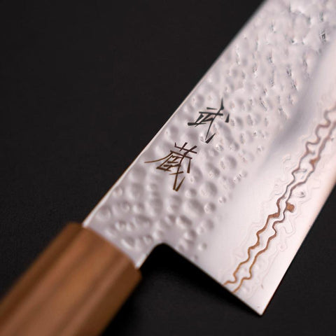 Santoku SLD Damas coloré Tsuchime au Nickel Manche en Olivier 170mm Édition limitée-[Musashi]-[Couteaux de cuisine japonais]