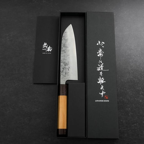 Santoku SLD Nashiji Washi Manche en Cerisier et Doubles Embouts en Bois de Rose 165mm-[Musashi]-[Couteaux de cuisine japonais]