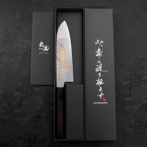 Santoku Silver Steel #3 Kasumi Chokin Samurai Full Moon Buffalo Ebony Handle 170mm-[Musashi]-[Couteaux de cuisine japonais]