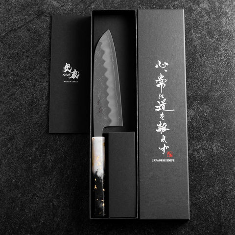 Santoku Silver Steel #3 Nashiji Manche Océan Blanc Noir et Or 165mm-[Musashi]-[Couteaux de cuisine japonais]