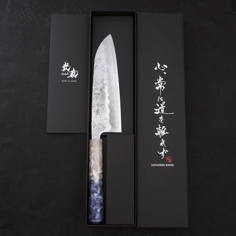 Santoku Silver Steel #3 Nashiji Manche Océan Bleu et Blanc 165mm-[Musashi]-[Couteaux de cuisine japonais]