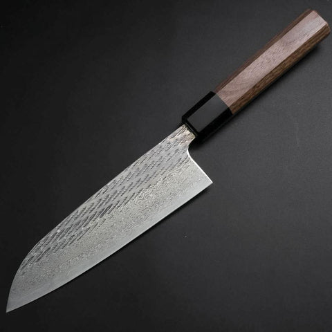 Santoku Silver Steel #3 Nawame Damas Manche en Buffle et Noyer 165mm-[Musashi]-[Couteaux de cuisine japonais]