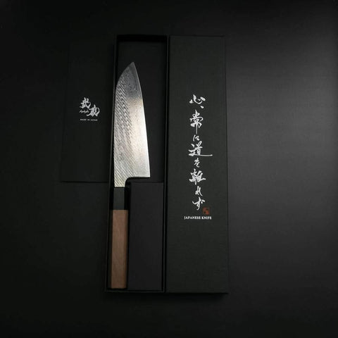 Santoku Silver Steel #3 Nawame Damas Manche en Buffle et Noyer 165mm-[Musashi]-[Couteaux de cuisine japonais]