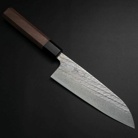 Santoku Silver Steel #3 Nawame Damas Manche en Buffle et Noyer 165mm-[Musashi]-[Couteaux de cuisine japonais]