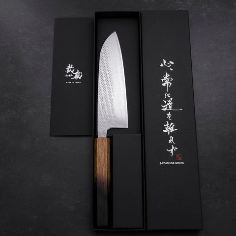 Santoku Silver Steel #3 Nawame Damascus Yaki Urushi Handle 165mm (6.5”)-[Musashi]-[Couteaux de cuisine japonais]