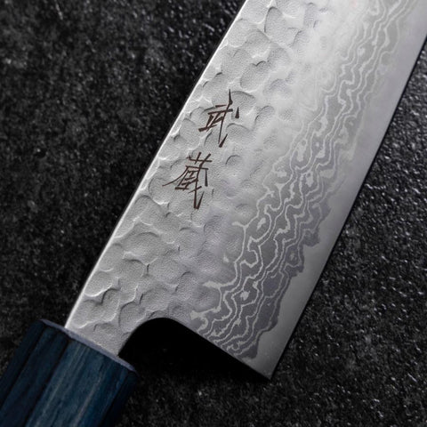 Santoku Silver Steel #3 Tsuchime Damas Manche Urushi Bleu Sombre 170mm-[Musashi]-[Couteaux de cuisine japonais]