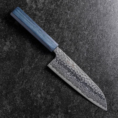 Santoku Silver Steel #3 Tsuchime Damas Manche Urushi Bleu Sombre 170mm-[Musashi]-[Couteaux de cuisine japonais]
