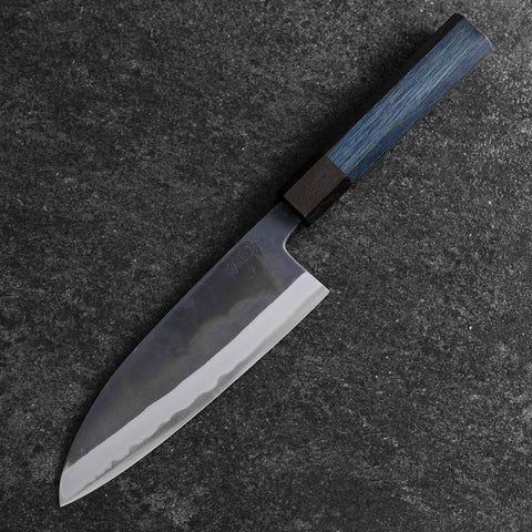 Santoku Stainless Clad Blue Super Kurouchi Blue Urushi Handle 165mm (6.5”)-[Musashi]-[Couteaux de cuisine japonais]