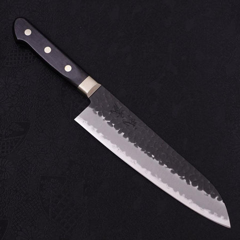 Santoku Stainless Clad Blue Super Kurouchi Tsuchime Western Handle Black 185mm (7”)-[Musashi]-[Couteaux de cuisine japonais]