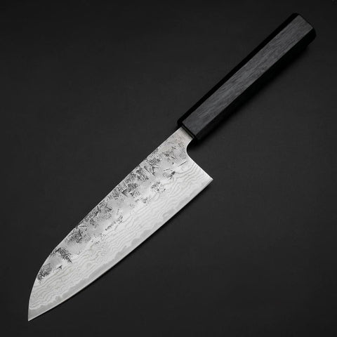 Santoku Sweden Steel Nashiji Washi Damas Manche Urushi Bleu Sombre 165mm-[Musashi]-[Couteaux de cuisine japonais]