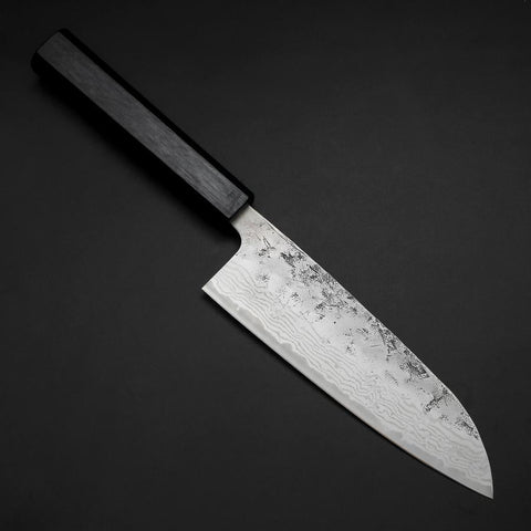 Santoku Sweden Steel Nashiji Washi Damas Manche Urushi Bleu Sombre 165mm-[Musashi]-[Couteaux de cuisine japonais]