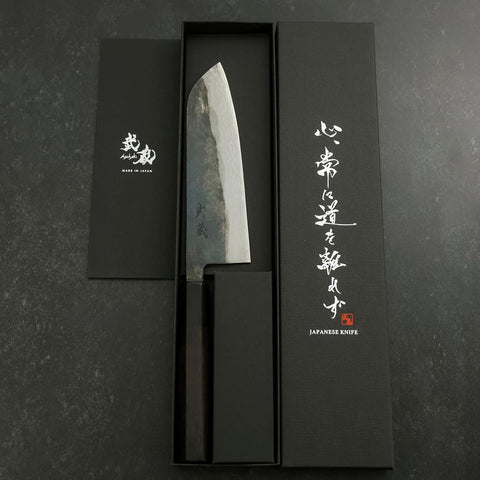 Santoku V-Toku 2 Kurouchi Damas Manche en Buffle et Ébène 165mm-[Musashi]-[Couteaux de cuisine japonais]