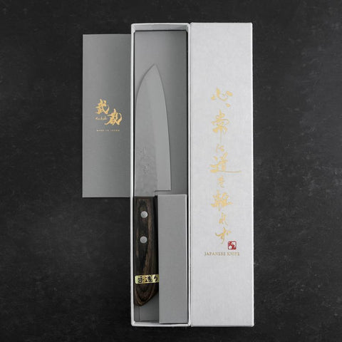 Santoku VG-1 Tsuchime Manche Occidental en Acajou Marron 130mm (Tsuba Nashi)-[Musashi]-[Couteaux de cuisine japonais]