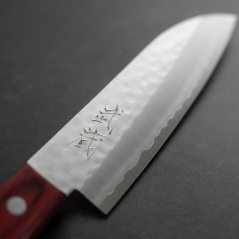 Santoku VG-1 Tsuchime Manche Occidental en Acajou Rouge 130mm (Tsuba Nashi)-[Musashi]-[Couteaux de cuisine japonais]