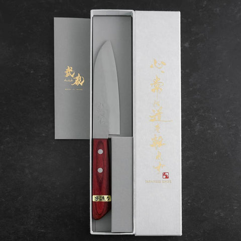 Santoku VG-1 Tsuchime Manche Occidental en Acajou Rouge 130mm (Tsuba Nashi)-[Musashi]-[Couteaux de cuisine japonais]