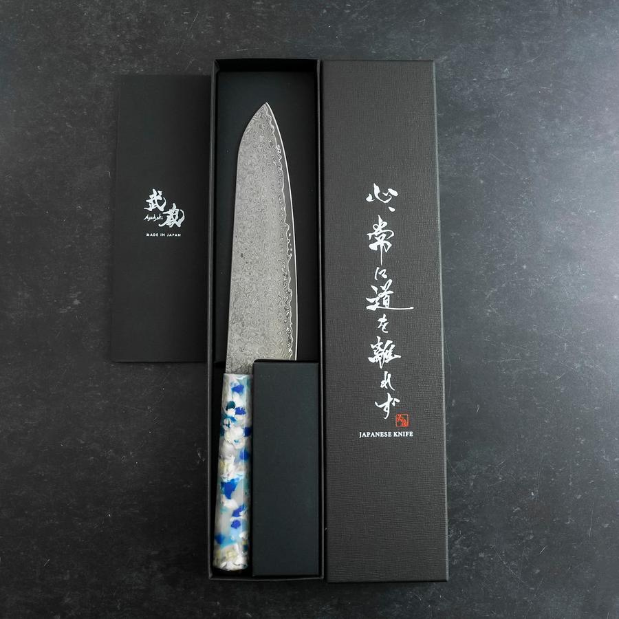 Santoku VG-10 Damascus Ocean Blue-White Mix Handle 165mm (6.5”)-[Musashi]-[Japanese-Kitchen-Knives]