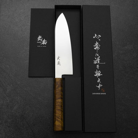 Santoku VG-10 Damas Manche en Bois de Bouleau Jaune Brun 180mm-[Musashi]-[Couteaux de cuisine japonais]