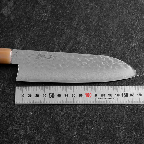 Santoku VG-10 Miroir Tsuchime Damas Manche en Buffle et Érable Rose foncé 170mm-[Musashi]-[Couteaux de cuisine japonais]