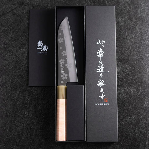 Santoku VG-10 Poli Manche en Buffle et Érable Sakura Rose Clair 175mm-[Musashi]-[Couteaux de cuisine japonais]