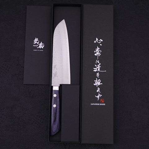Santoku VG-10 Tsuchime Damas Manche Occidental Bleu Sombre 170mm-[Musashi]-[Couteaux de cuisine japonais]