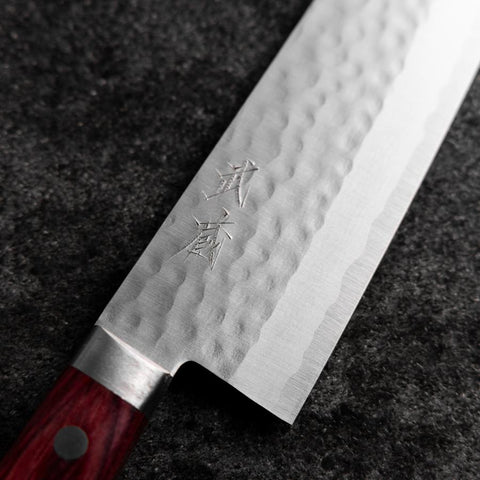 Santoku VG-10 Tsuchime Damas Manche Occidental Rouge 170mm-[Musashi]-[Couteaux de cuisine japonais]