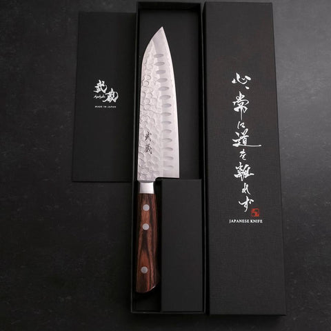 Santoku VG-10 Tsuchime Manche Occidental en Acajou 175mm-[Musashi]-[Couteaux de cuisine japonais]