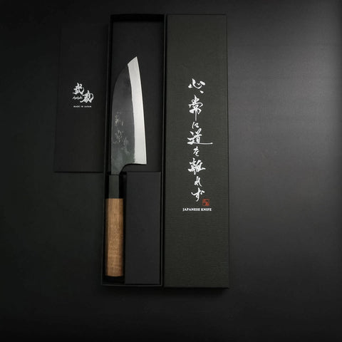Santoku White Steel #1 Kurouchi Manche en Buffle et Noyer 165mm-[Musashi]-[Couteaux de cuisine japonais]