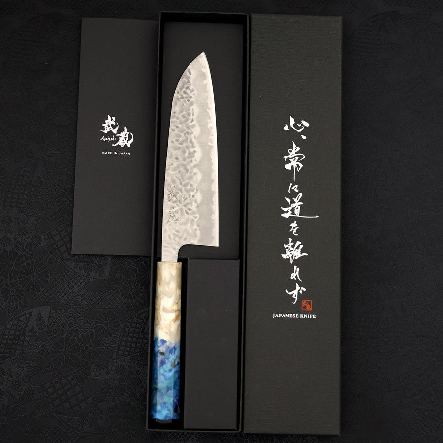 Santoku White Steel #1 Revêtement Inox Tsuchime Manche Océan Bleu et Blanc 165mm-[Musashi]-[Couteaux de cuisine japonais]