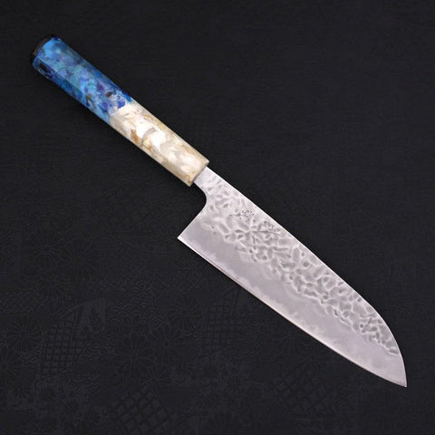 Santoku White Steel #1 Revêtement Inox Tsuchime Manche Océan Bleu et Blanc 165mm-[Musashi]-[Couteaux de cuisine japonais]