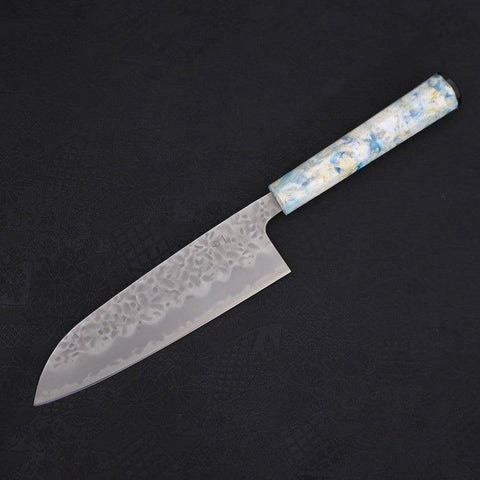 Santoku White Steel #1 Revêtement Inox Tsuchime Manche Océan Mélange Blanc 165mm-[Musashi]-[Couteaux de cuisine japonais]
