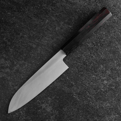 Santoku White Steel #2 Kasumi Biseau Simple Chokin Pagode à Cinq Etages Manche en Buffle et Ébène 155mm-[Musashi]-[Couteaux de cuisine japonais]