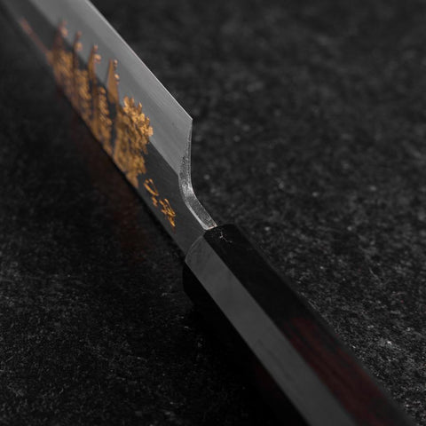 Santoku White Steel #2 Kasumi Biseau Simple Chokin Pagode à Cinq Etages Manche en Buffle et Ébène 155mm-[Musashi]-[Couteaux de cuisine japonais]