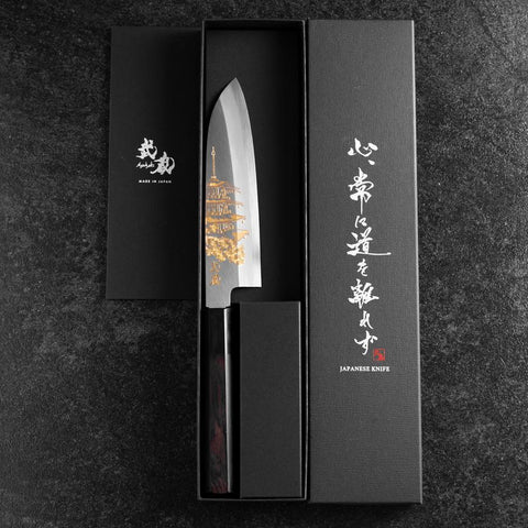 Santoku White Steel #2 Kasumi Biseau Simple Chokin Pagode à Cinq Etages Manche en Buffle et Ébène 155mm-[Musashi]-[Couteaux de cuisine japonais]