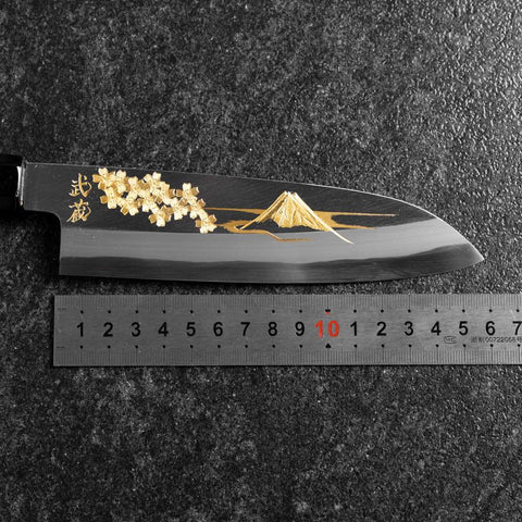Santoku White Steel #2 Kasumi Simple-Tranchant Chokin Sakura-Fuji Manche en Buffle et Ébène 155mm-[Musashi]-[Couteaux de cuisine japonais]