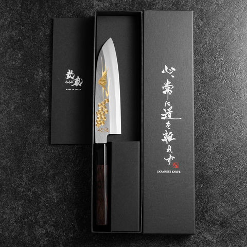 Santoku White Steel #2 Kasumi Simple-Tranchant Chokin Sakura-Fuji Manche en Buffle et Ébène 155mm-[Musashi]-[Couteaux de cuisine japonais]