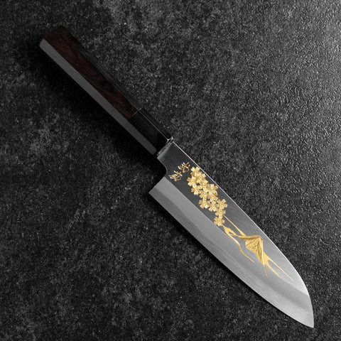 Santoku White Steel #2 Kasumi Simple-Tranchant Chokin Sakura-Fuji Manche en Buffle et Ébène 155mm-[Musashi]-[Couteaux de cuisine japonais]